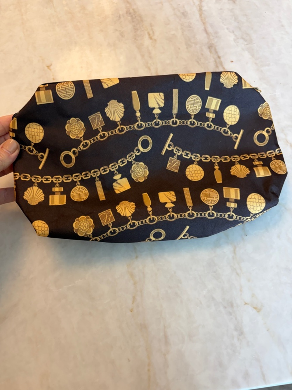 Brown Cosmetic Pouch with Gold Chain & Charm Print- estee laudder